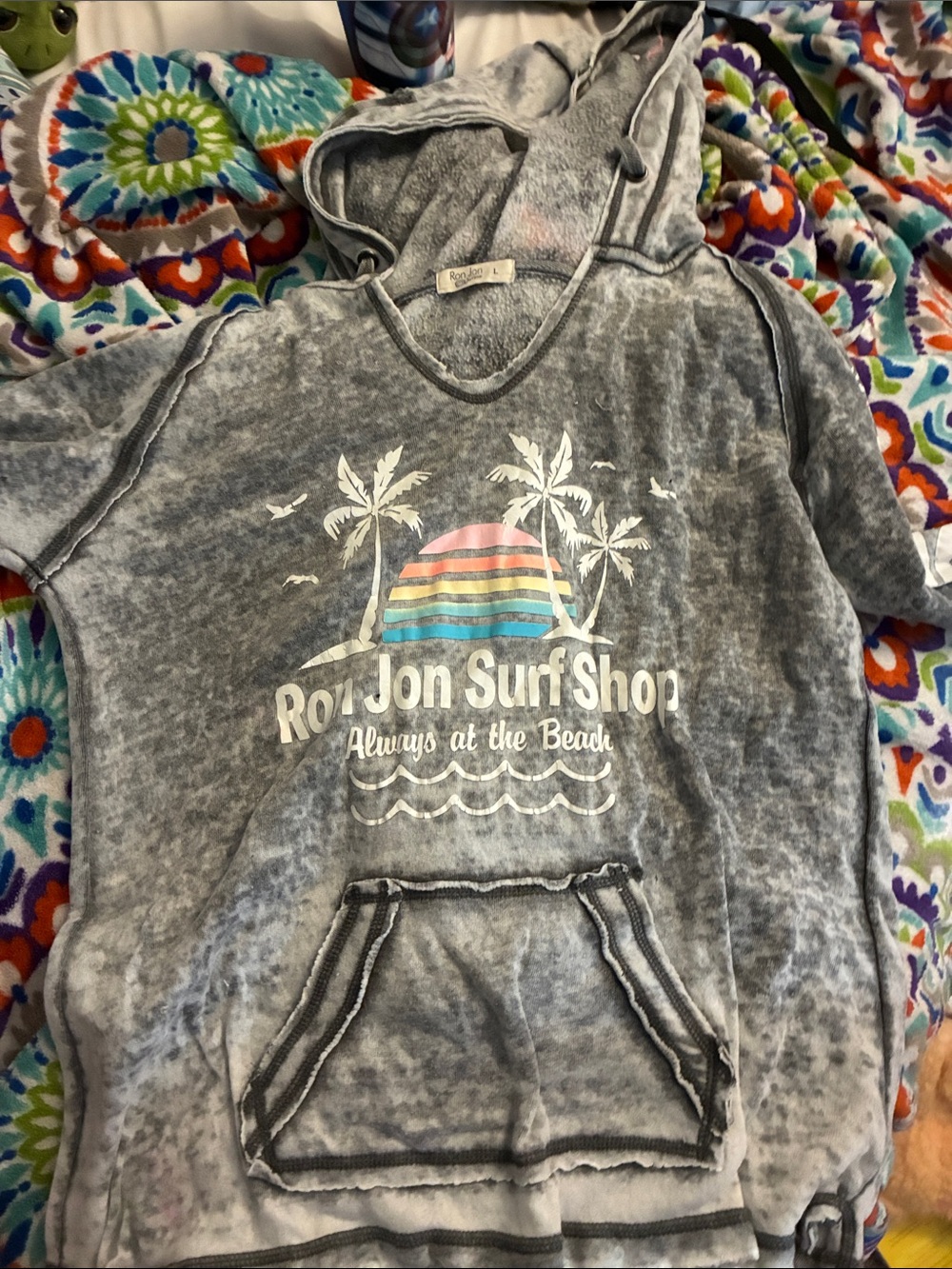 Gray Hooded Pullover with Rainbow Graphic